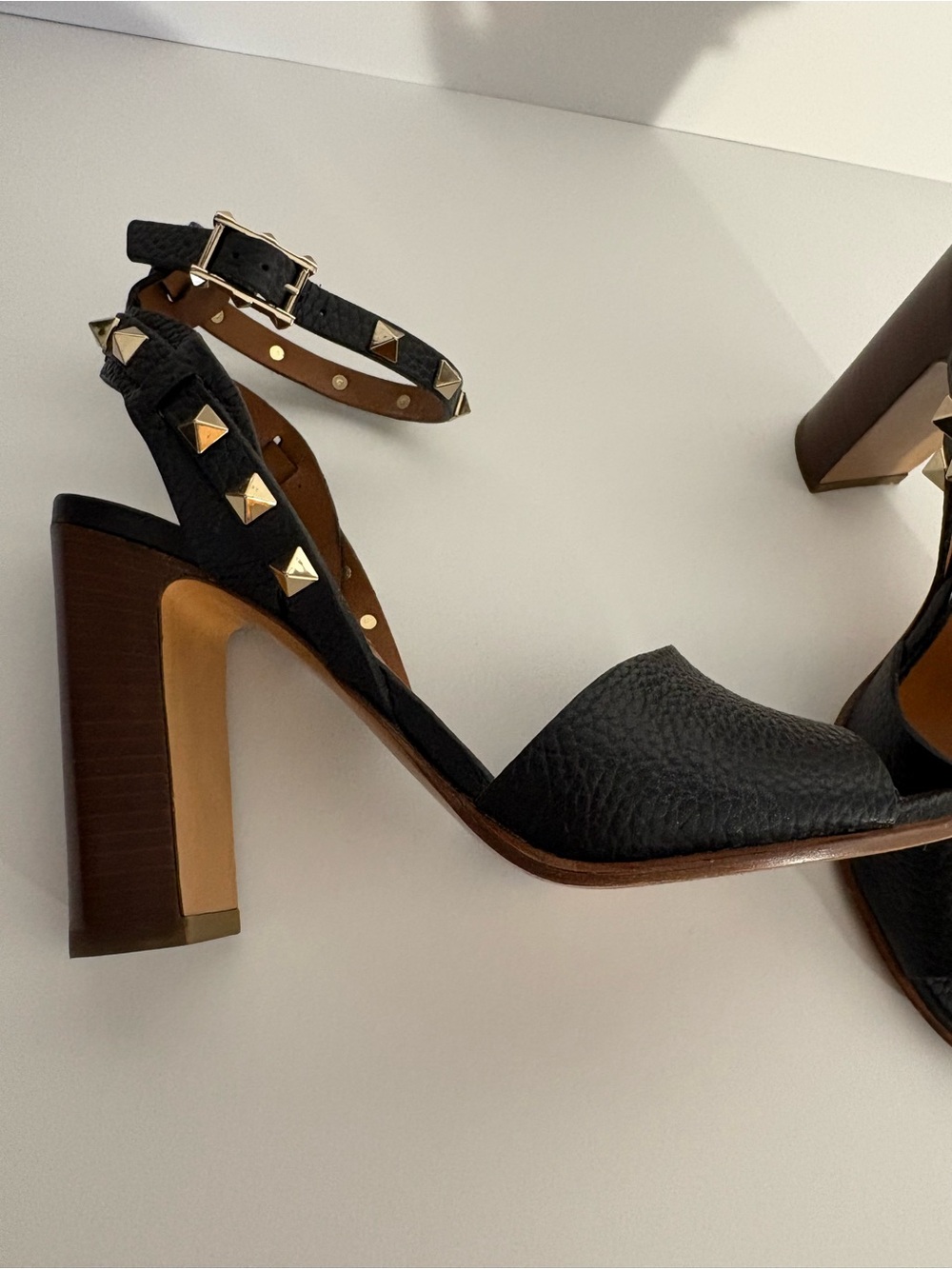 Valentino Black Studded Ankle-Strap Block Heel Sandals Sz 36